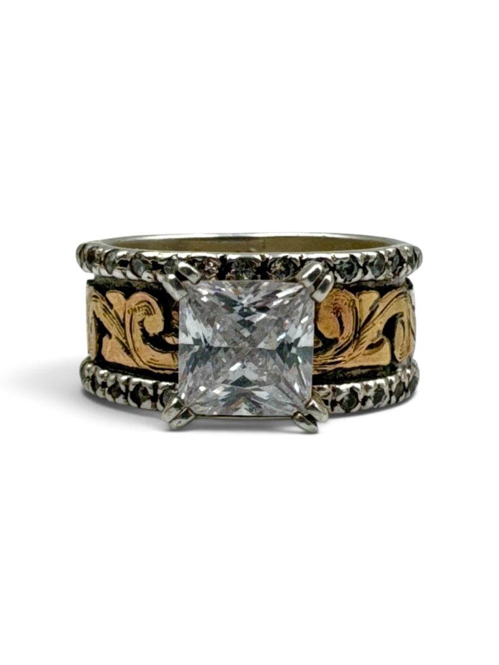 Hyo Silver Sterling 1/10 10K Gold Overlay Square CZ Western Ring Size 8 Scroll